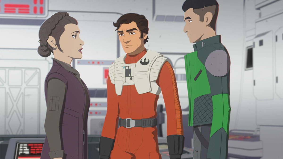 General Leia, Poe, and Kazuda in Star Wars Resistance.