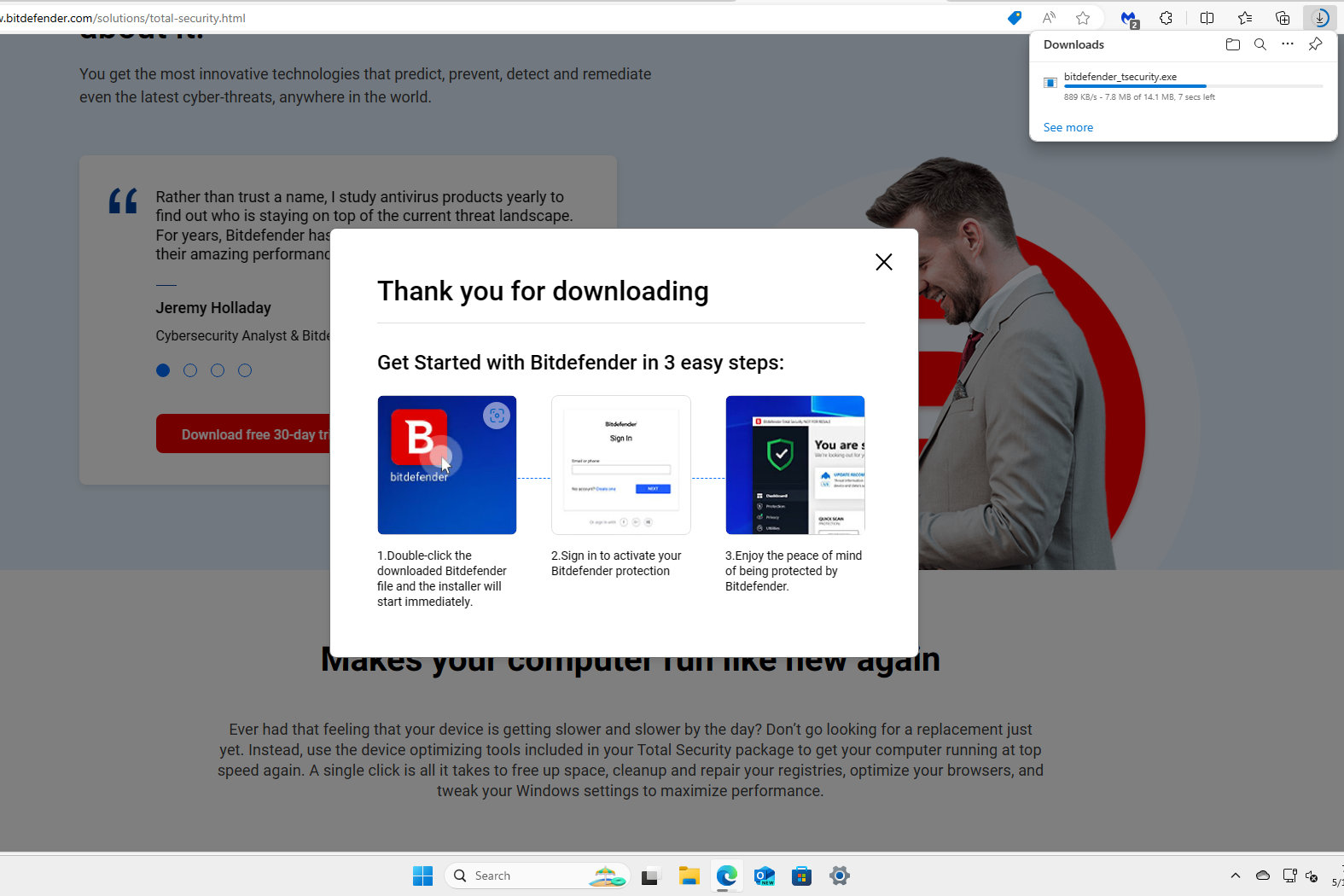 El instalador de Bitdefender se descarga rápidamente.