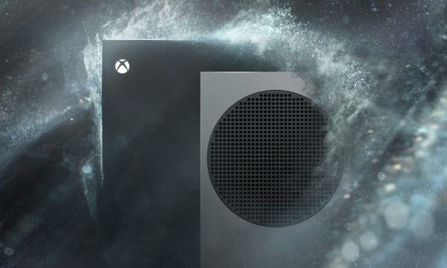 The Xbox Series X and Xbox Series S getting splashed with water.