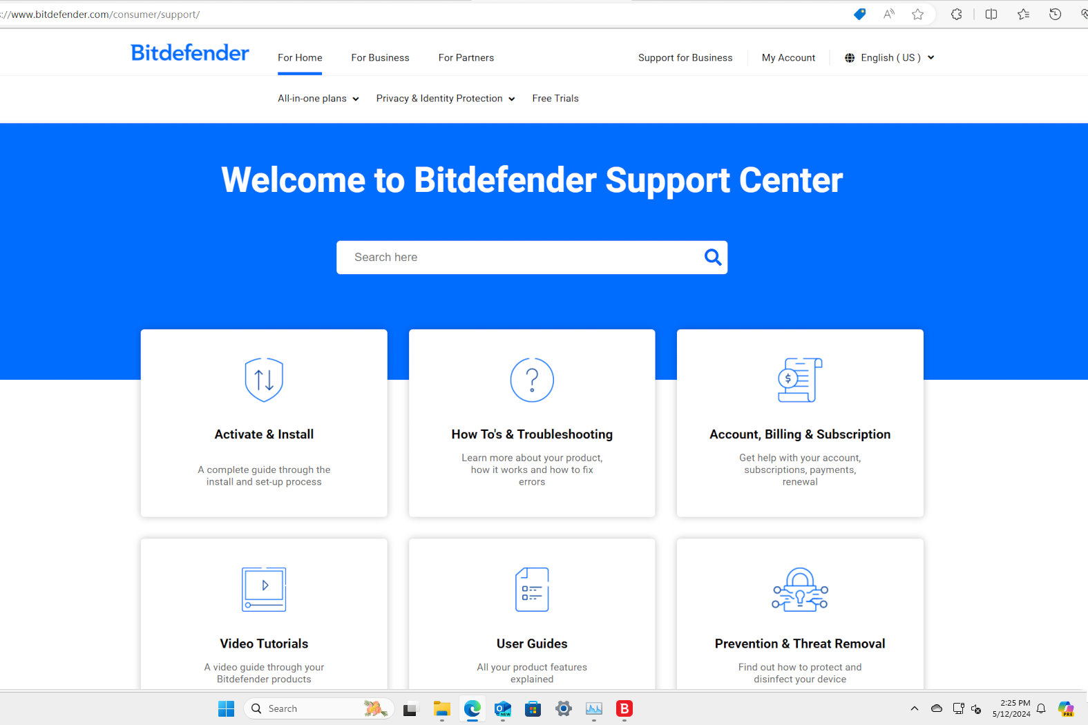 Sie können den Bitdefender-Support durchsuchen oder die Kategorien durchsuchen.