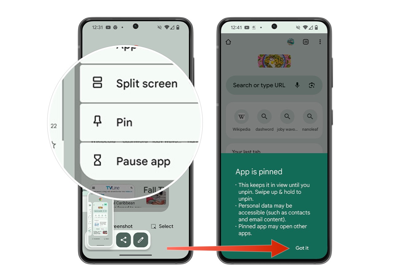 Screenshot showing an app being pinned on Android.