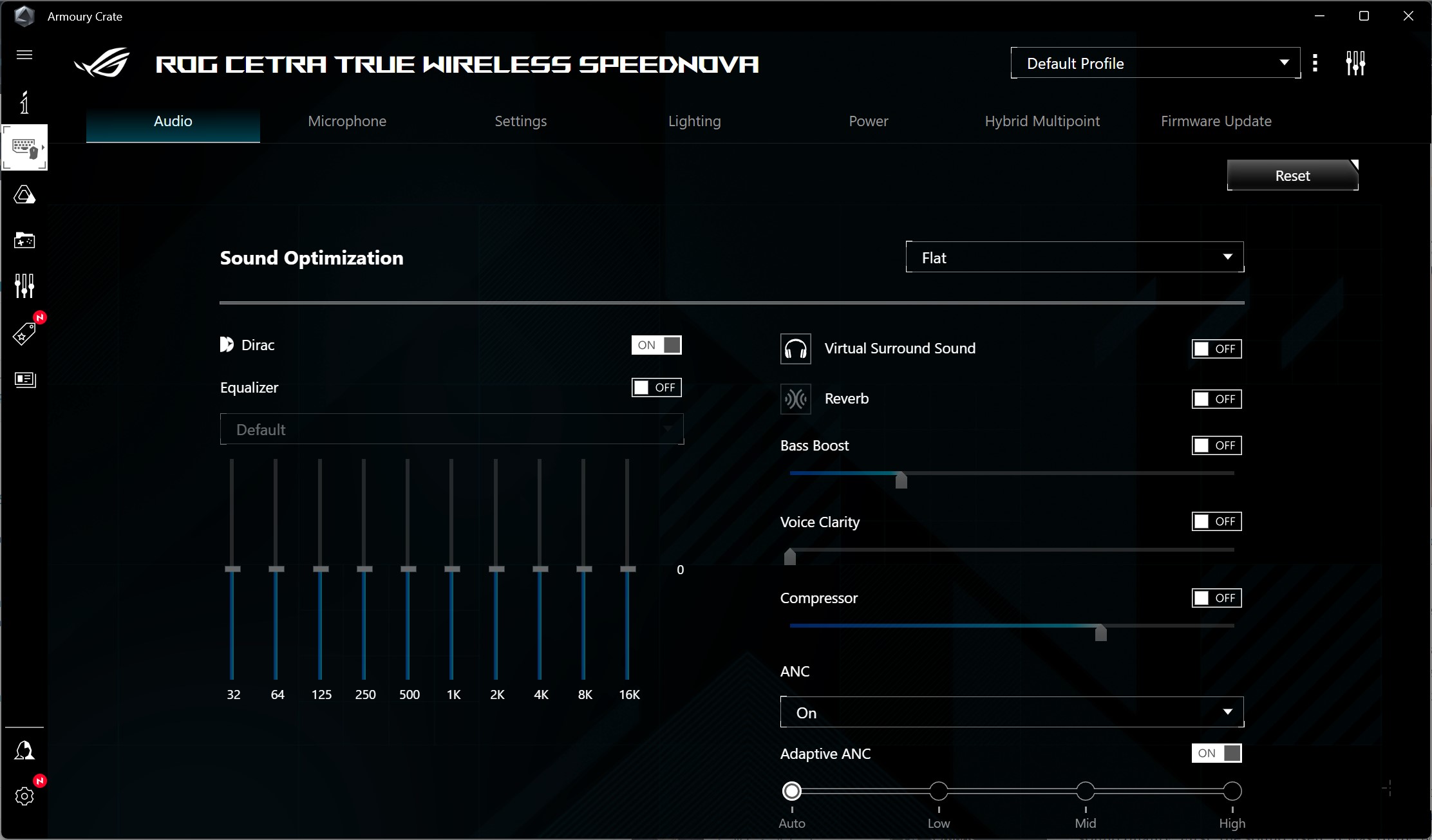 گزینه های سفارشی سازی در Asus Armory Crate برای هدست Cetra Speednova.