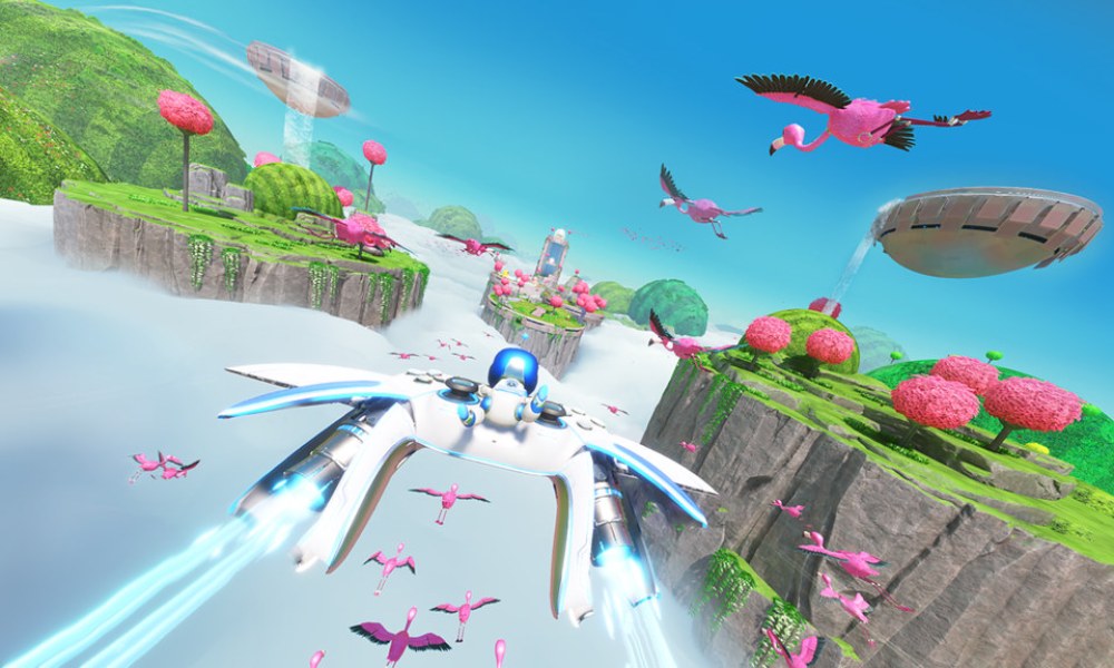 A robot flies on a controller in Astro Bot.