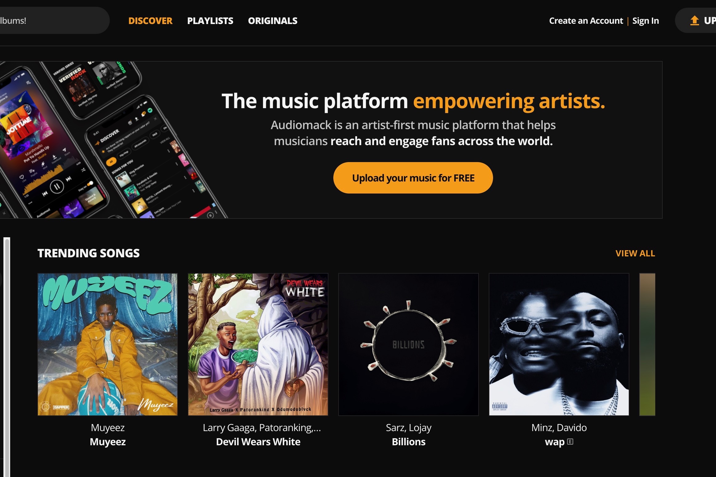 Tye home page of Audiomack.