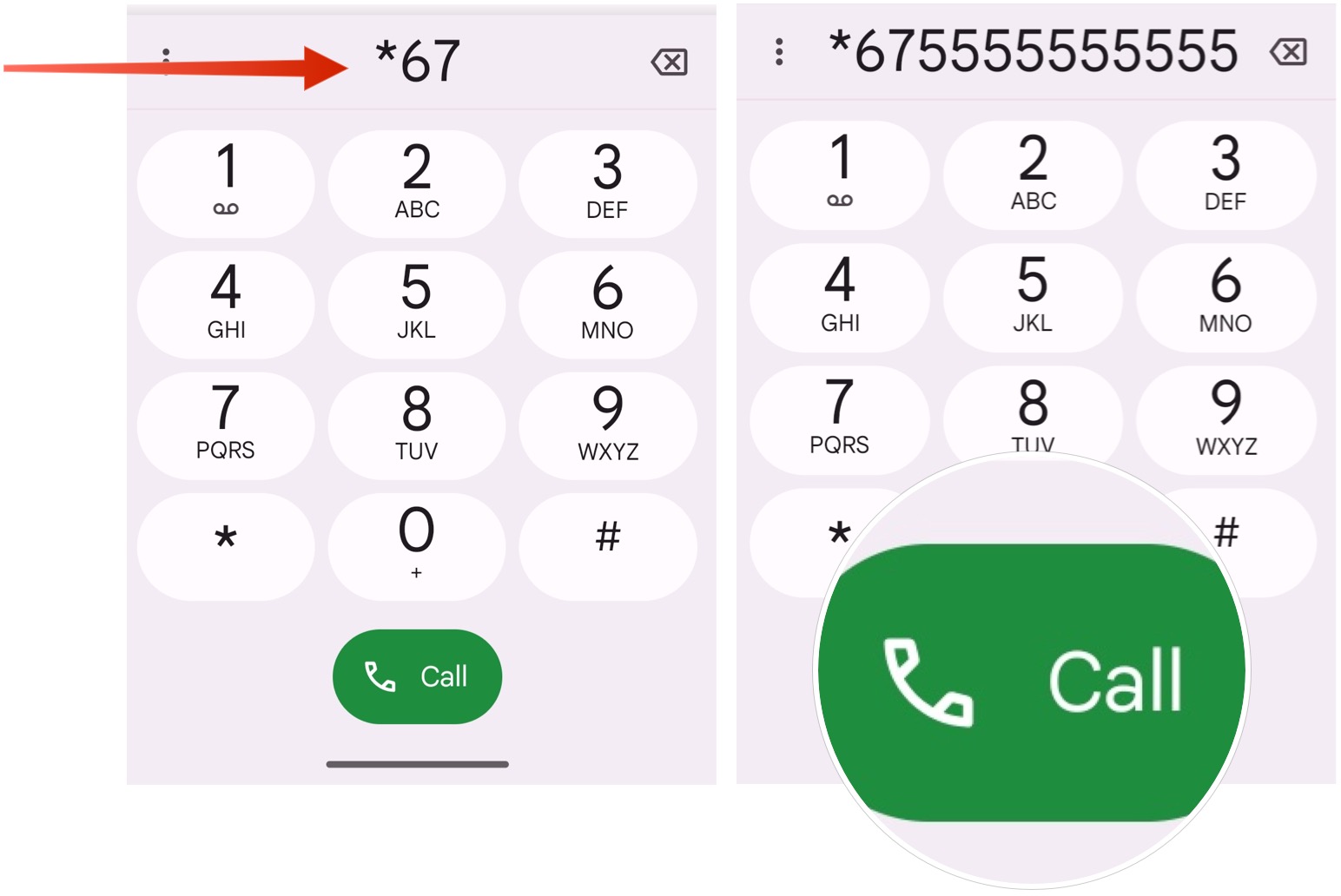 Screenshot showing how to block your phone number before making one call on an Android device. 