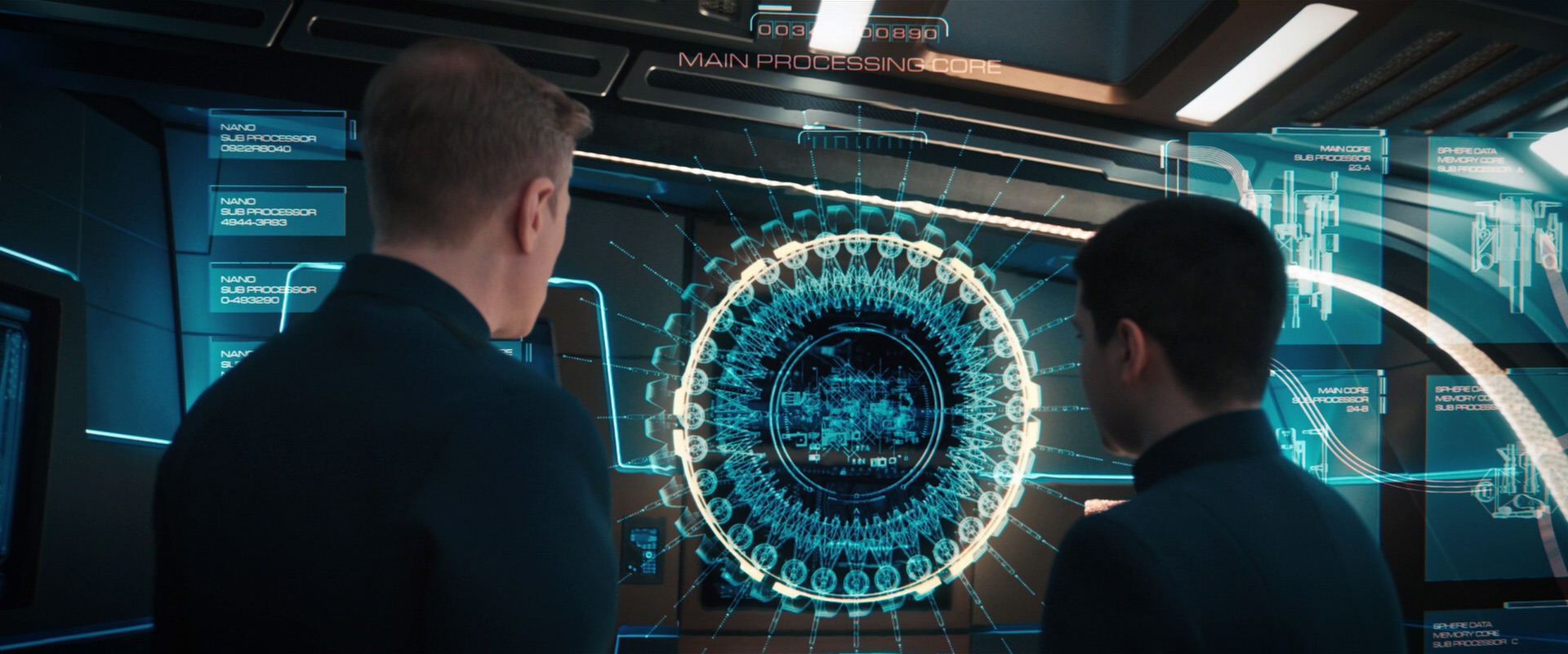 Stamets and Adira view a diagram of Zora's processing core in the Star Trek: Discovery episode "...But to Connect"