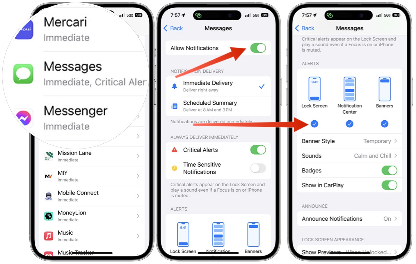 Screenshots showing how to check the notification settings for Messages on iPhone.
