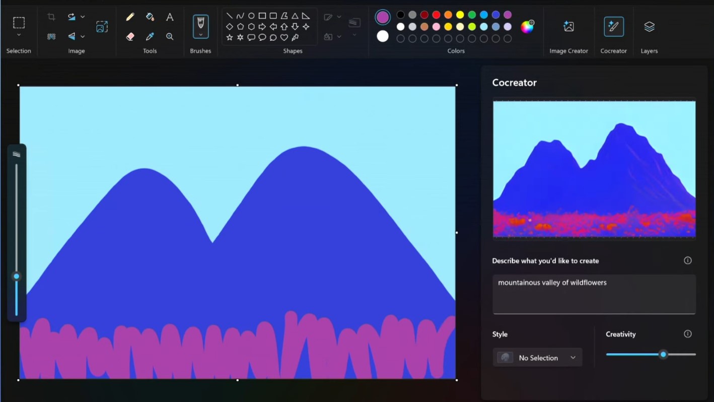Cocreator tool in Window Paint <a href='https://justchatline.uk/about-us' target='_blank'>app</a> creating an image from mountains.”><figcaption id=