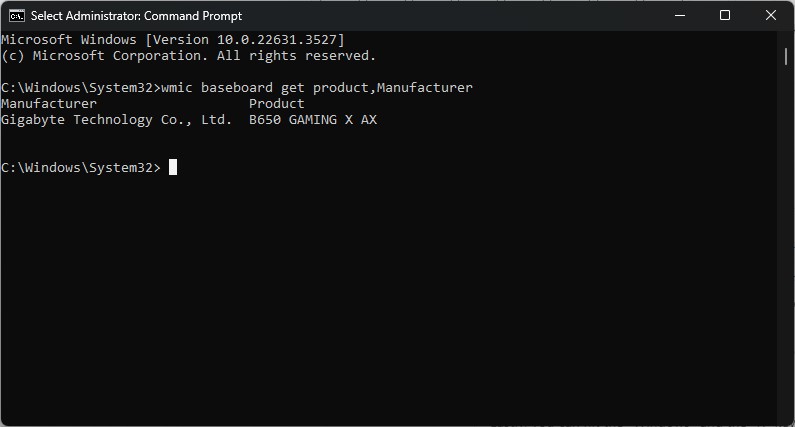 Motherboard information in Windows Command Prompt.