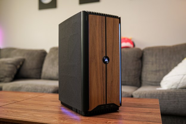 The Corsair One i500 sitting on a coffee table.