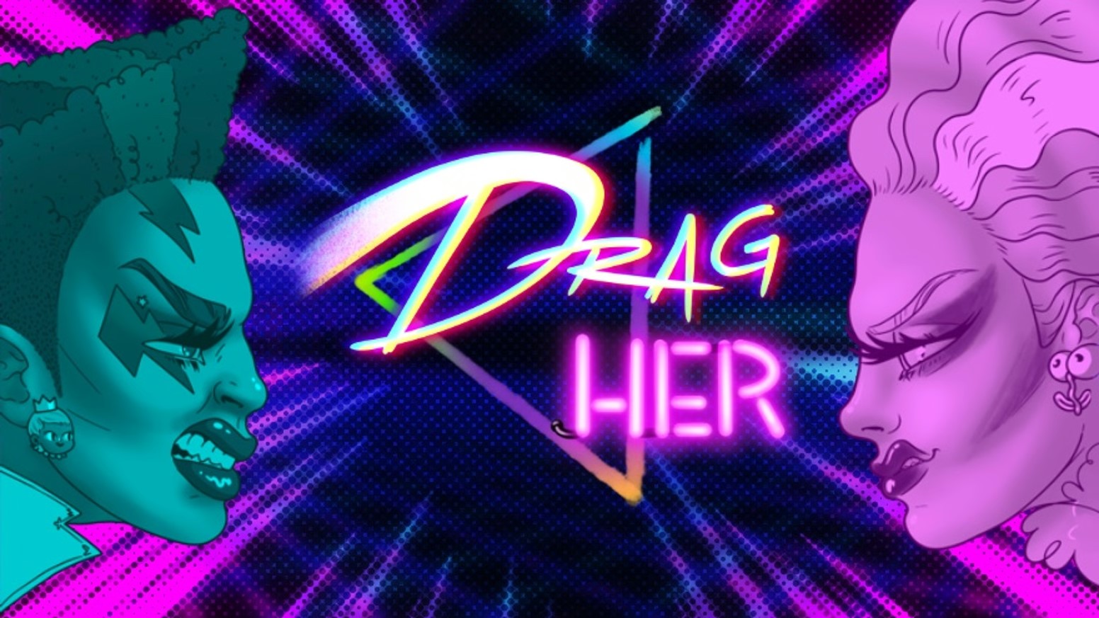 Deux drag queens s'affrontent sur une affiche rose et bleue dans le style des années 80 avec le titre "Drag Her" au milieu.