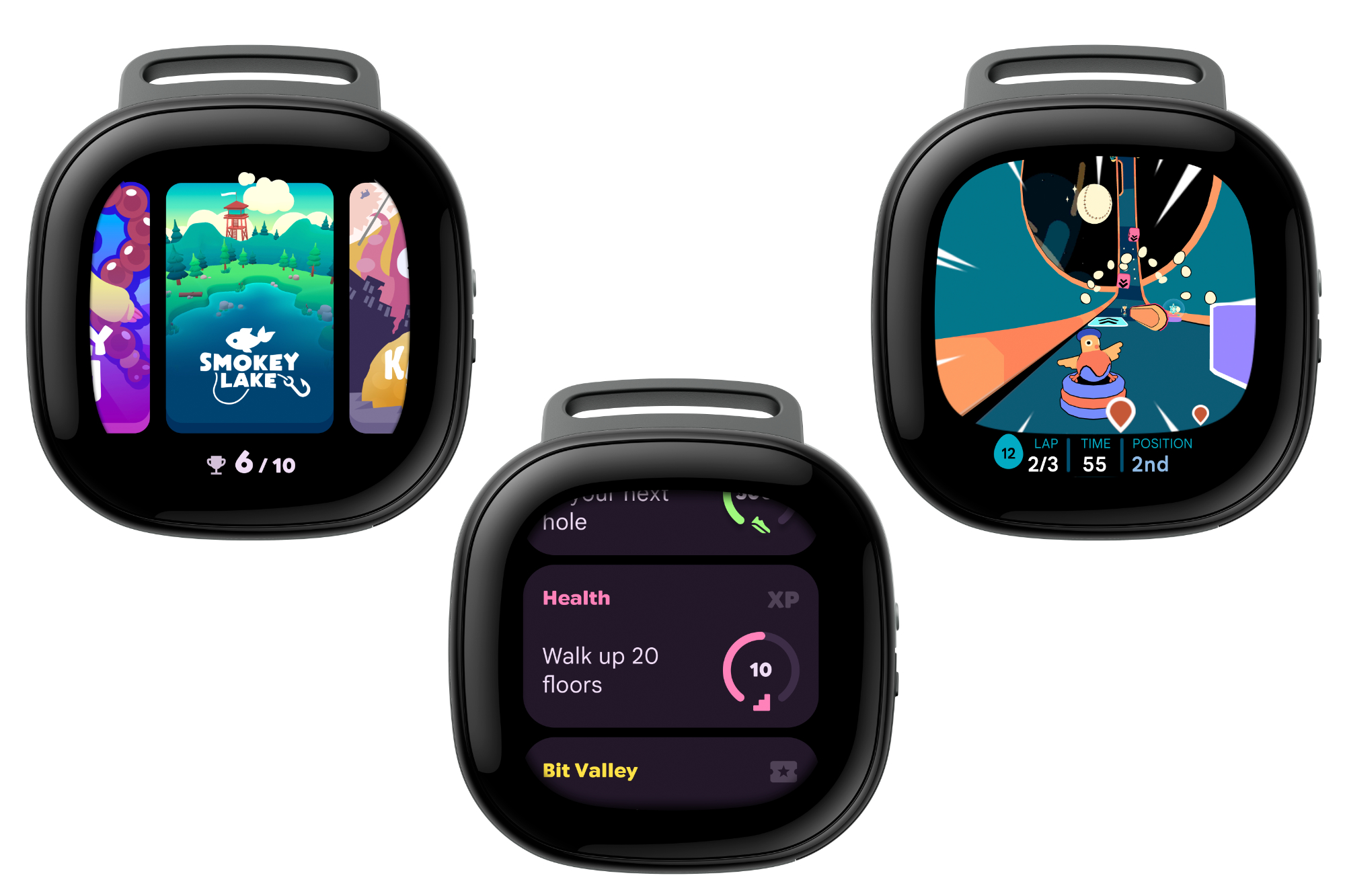 Capturas de pantalla de juegos de fitness en el Fitbit Ace LTE.
