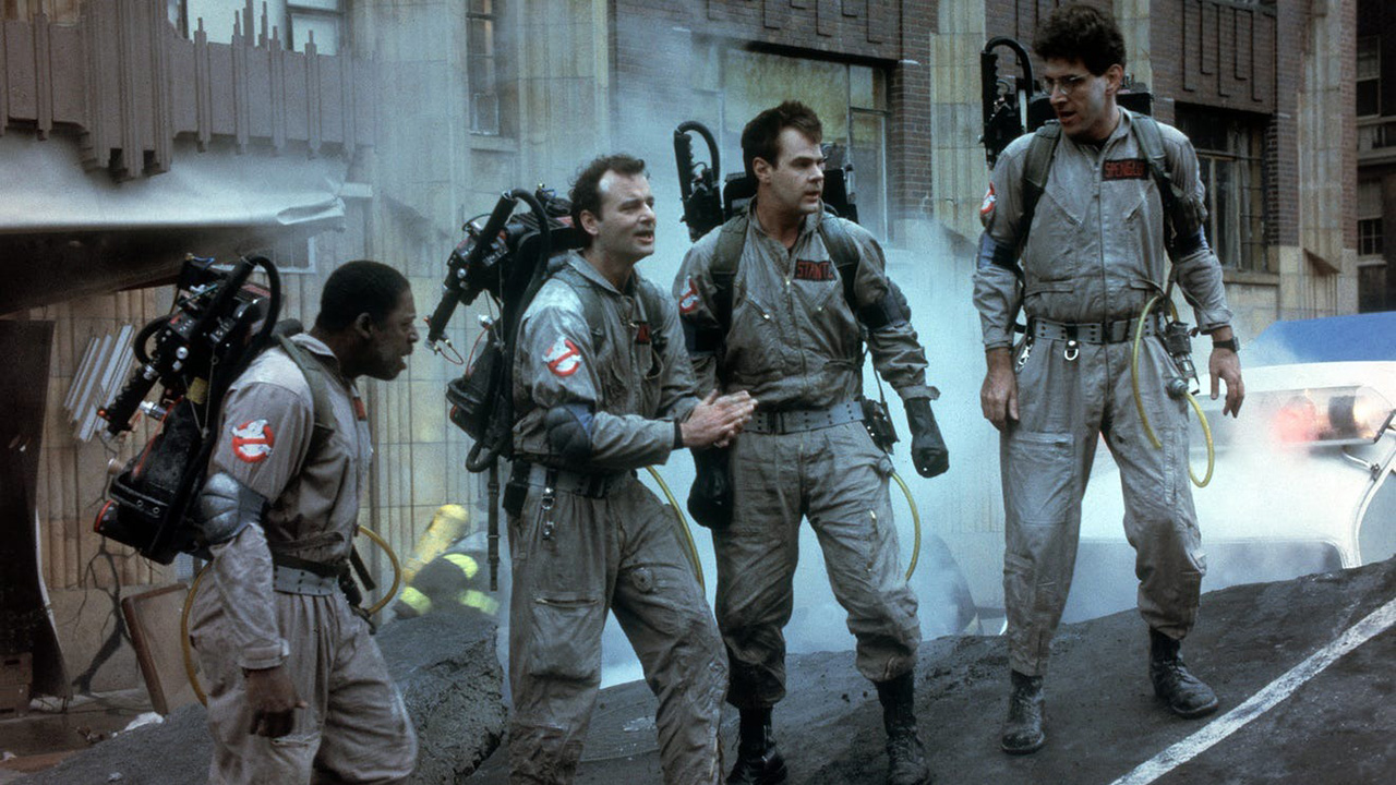 The men from the original Ghostbusters movie springing into action on the streets.