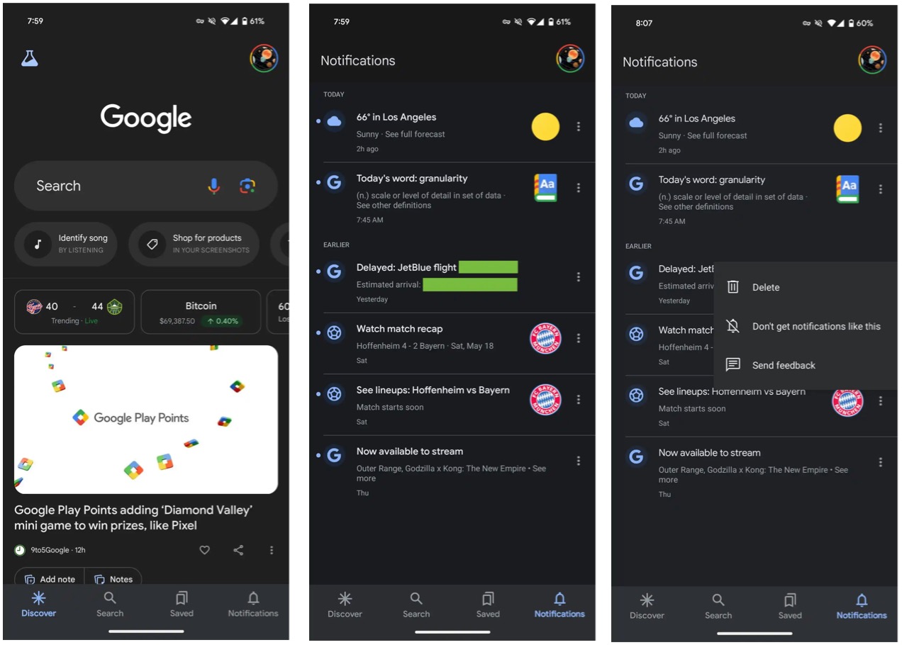 La versión beta de la aplicación Google para Android muestra las notificaciones.