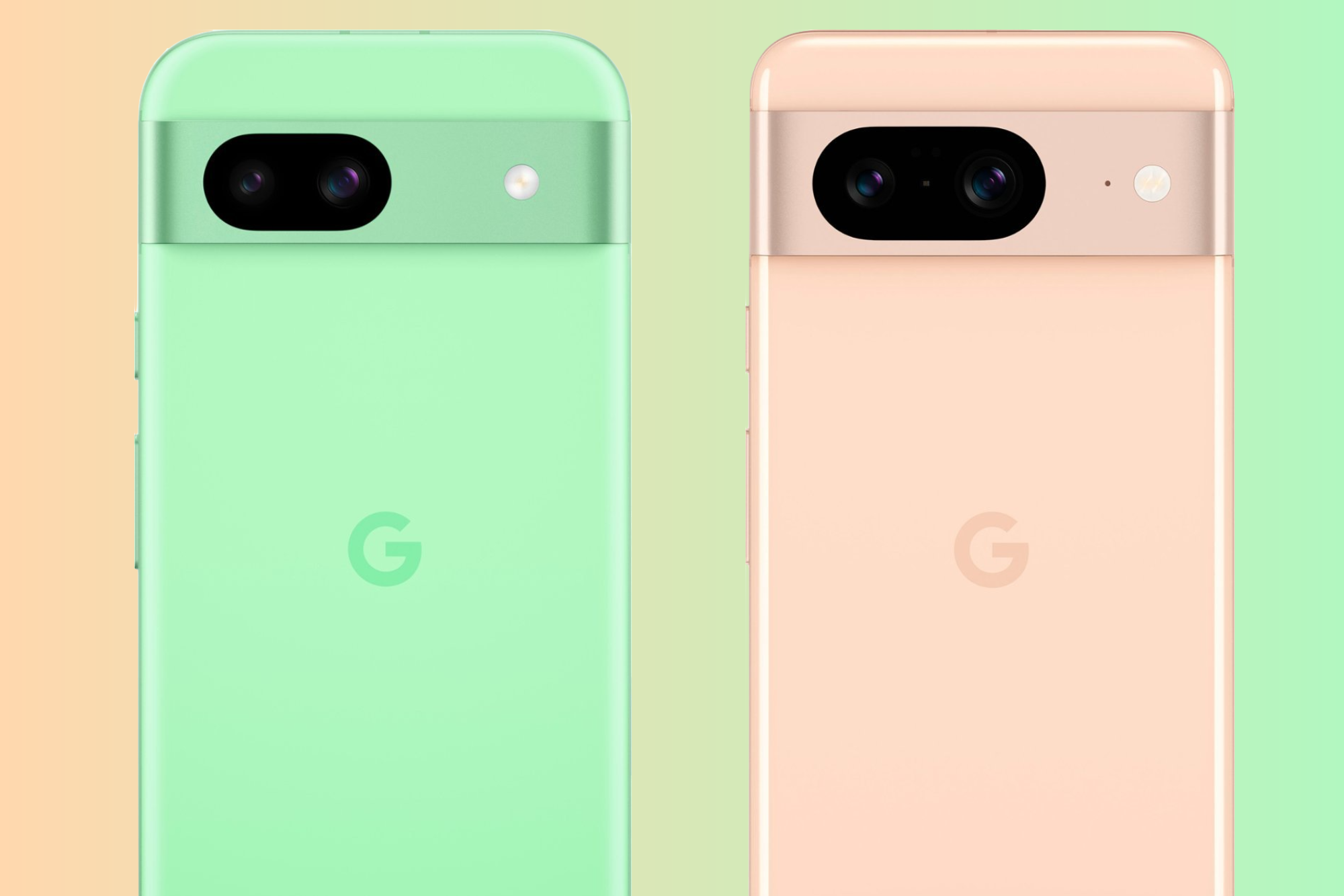 Renders of the Google Pixel 8a and Pixel 8 next to each other.