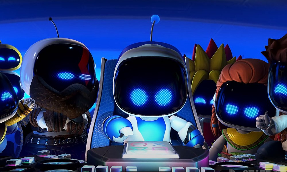 Astro Bot and its PlayStation character cameos, which include Aloy and Nathan Drake on the right.