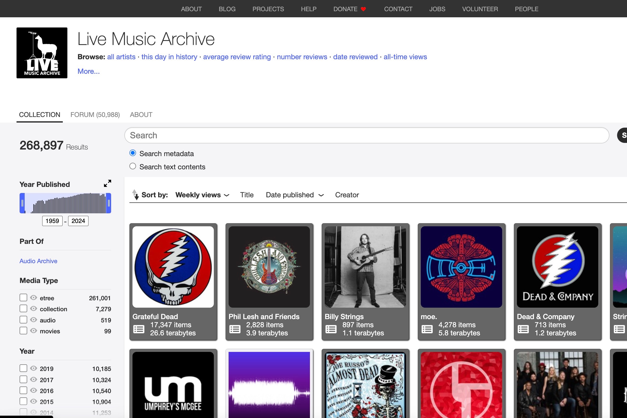 Снимок экрана, показывающий архив живой музыки Internet Archive.