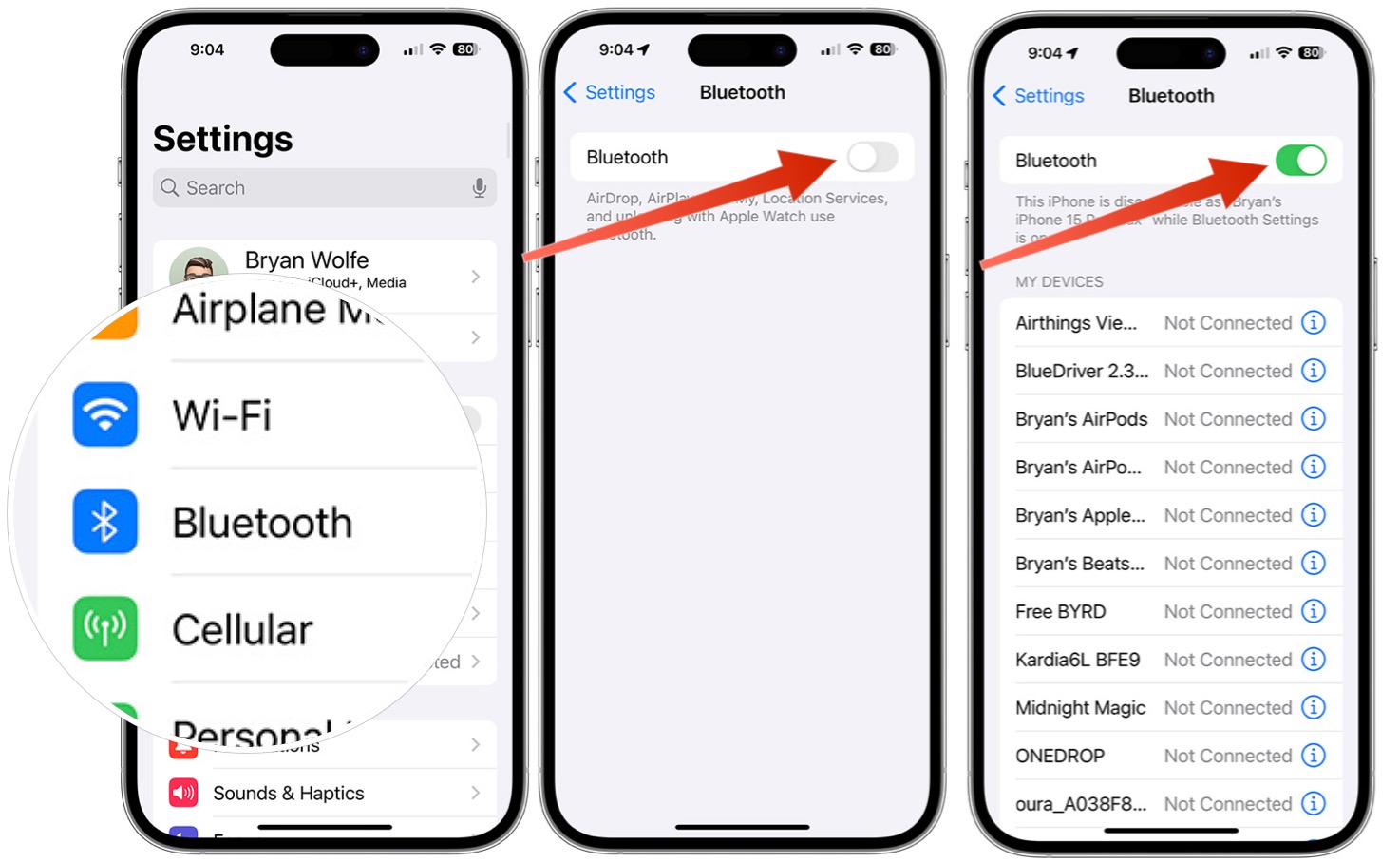 Screenshots showing how to turn Bluetooth on/off on iPhone.