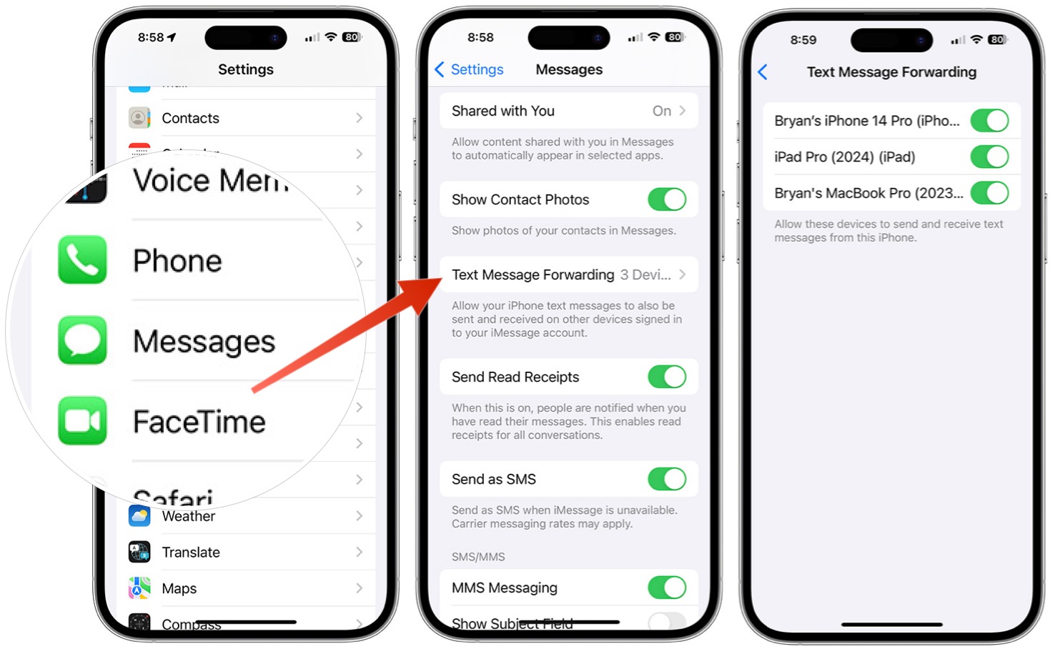 Screenshot showing how to uncheck Message Forwarding on iPhone.