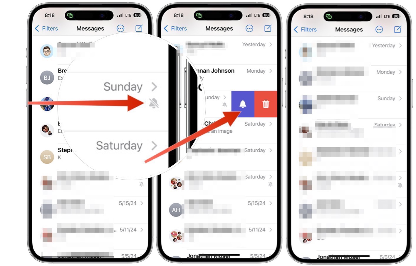 Screenshots showing how to unmute a conversation on the Messages app for iPhone.