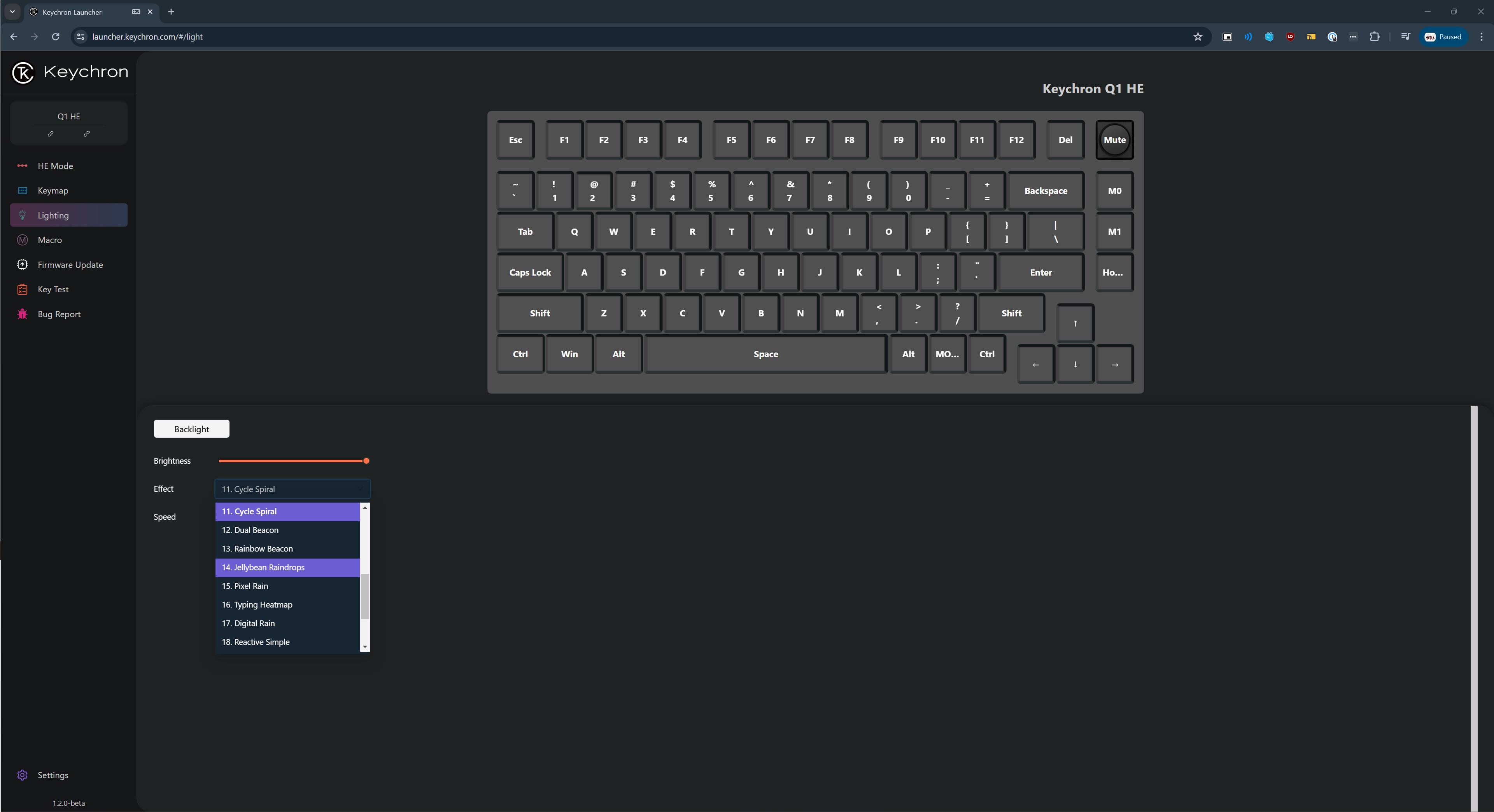 Configuraciones de iluminación para el Keychron Q1 HE.