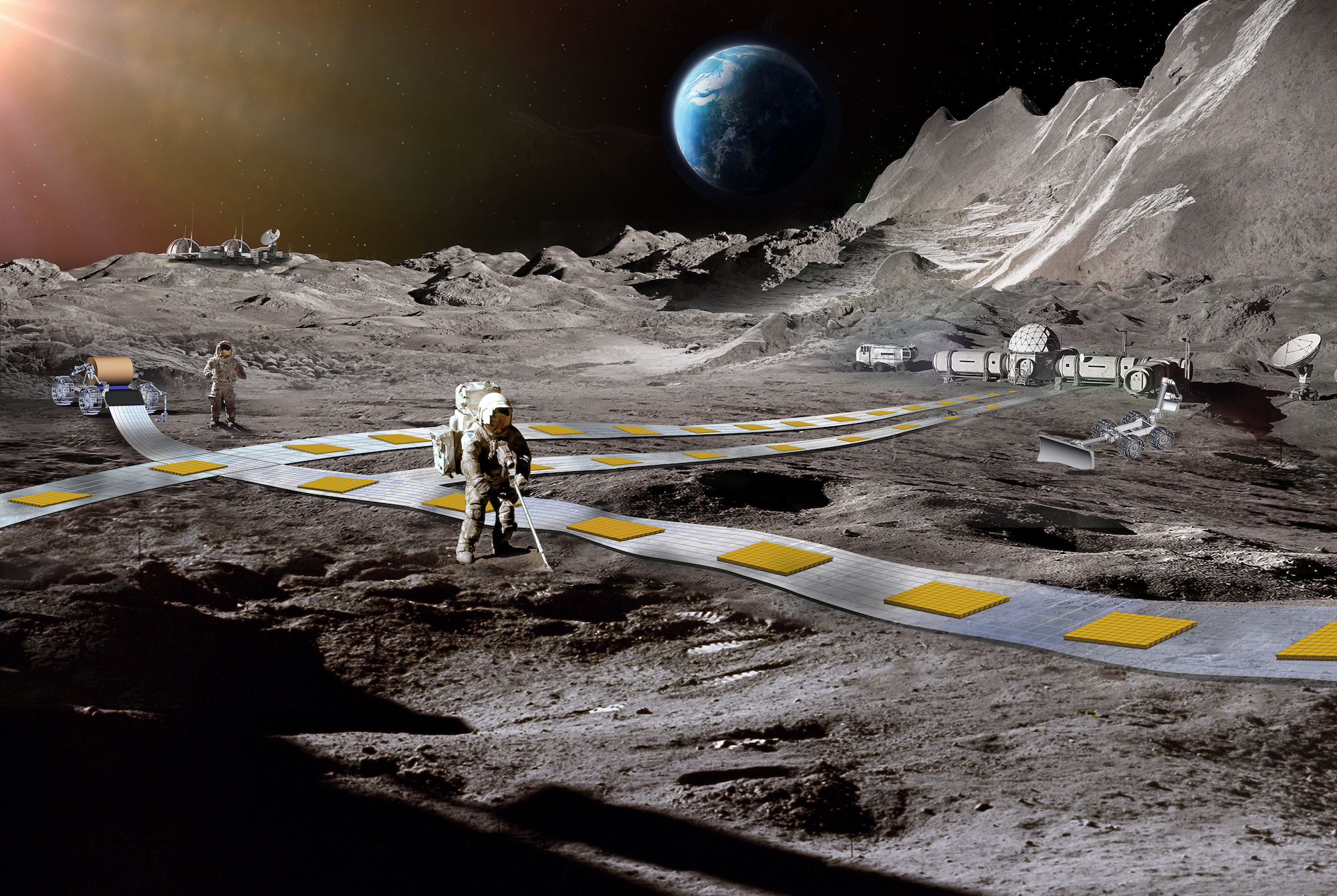 Concepto artístico de un enfoque novedoso propuesto por un adjudicatario de la Fase II del NIAC 2024 para posibles misiones futuras que representen la superficie lunar con el planeta Tierra en el horizonte.