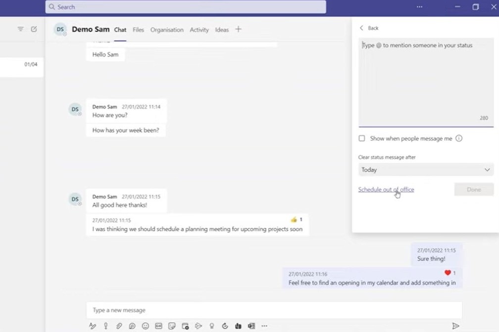 ‘Out of office’ reminder on Microsoft Teams.