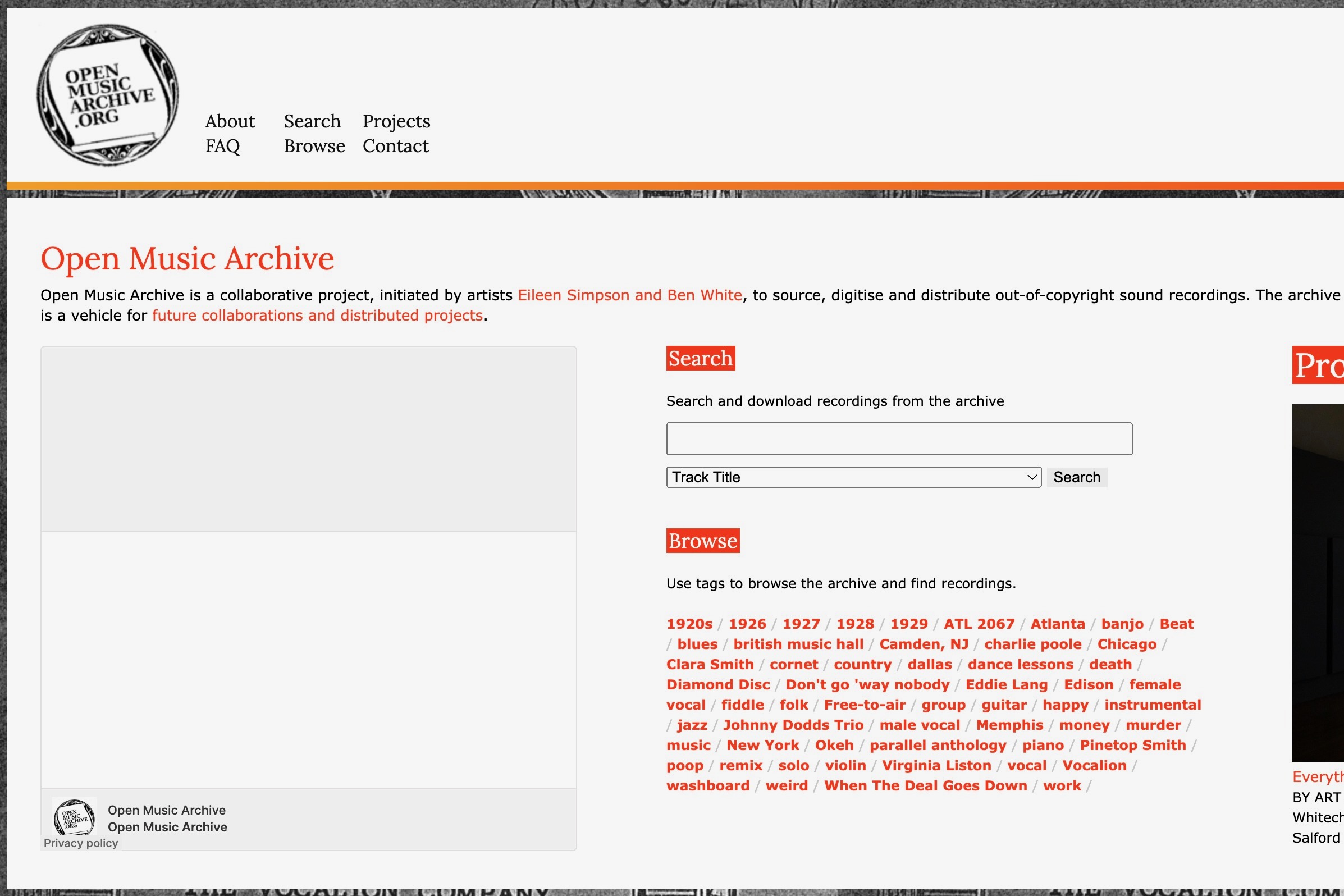 La home page del sito web di Open Music Archive.