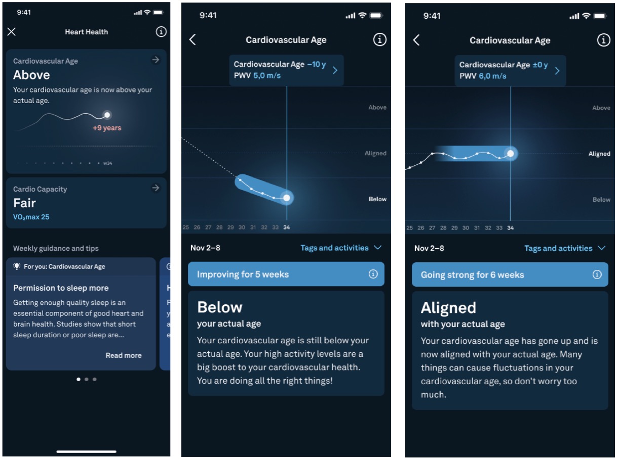 Screenshot showing the new heart health features for the Oura Ring.