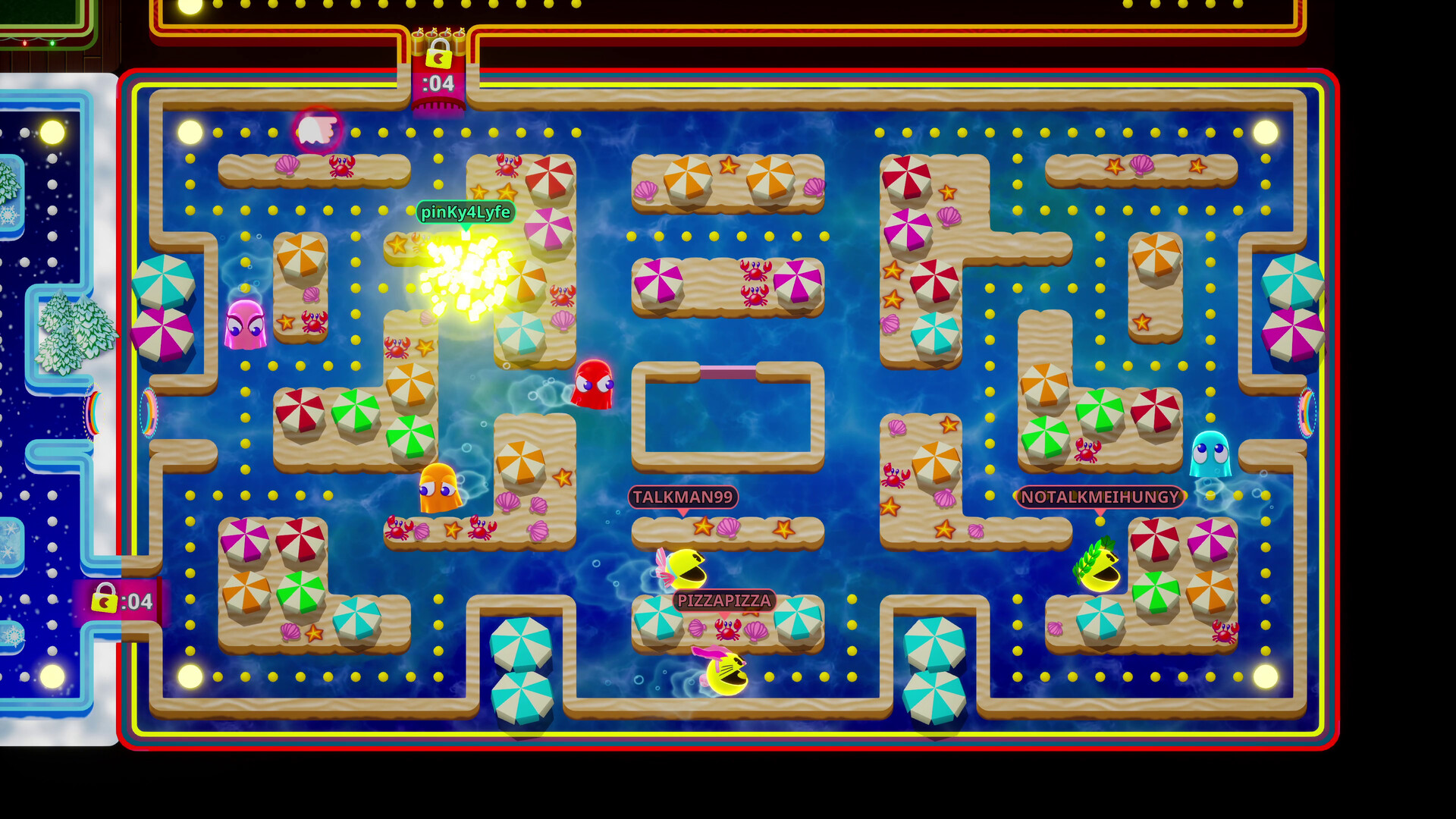 In Pac-Man Mega Tunnel Battle: Chomp Champs jagen Pac-Men einander durch ein Strandlabyrinth.