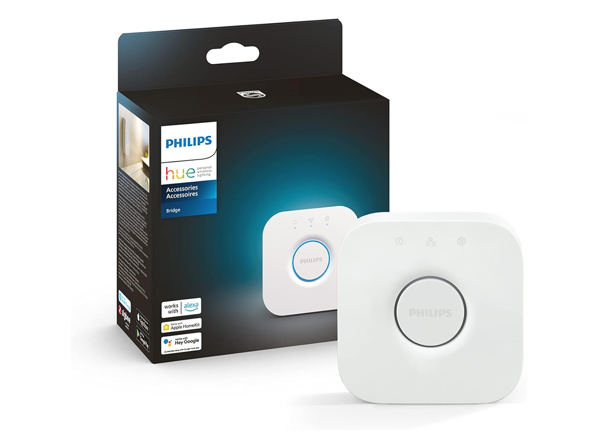 A ponte Philips Hue e a embalagem contra um fundo branco.