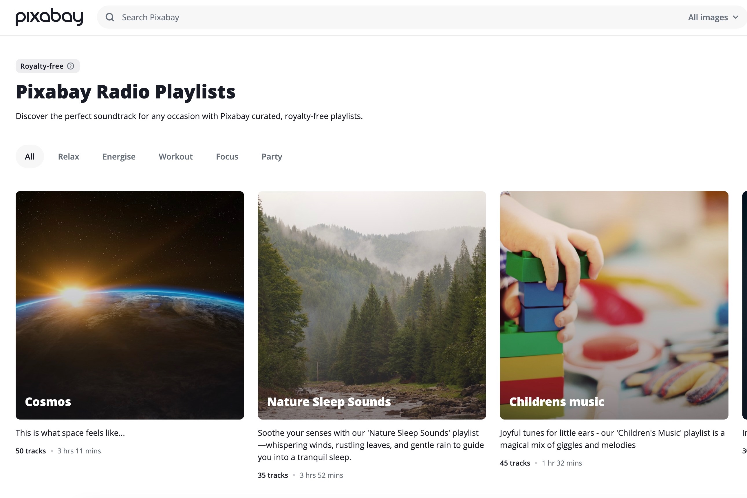 Pixabay radio playlists.