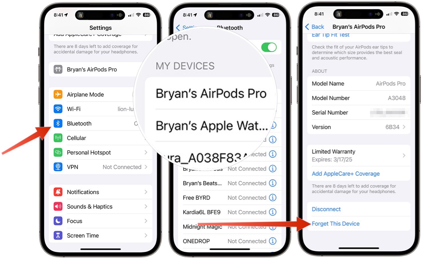 скриншоты, показывающие, как отключить AirPods от iPhone.