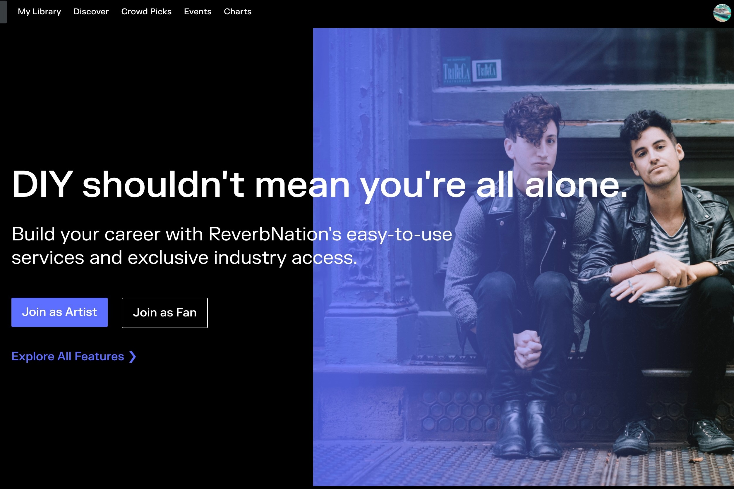 Home page of ReverbNation website.