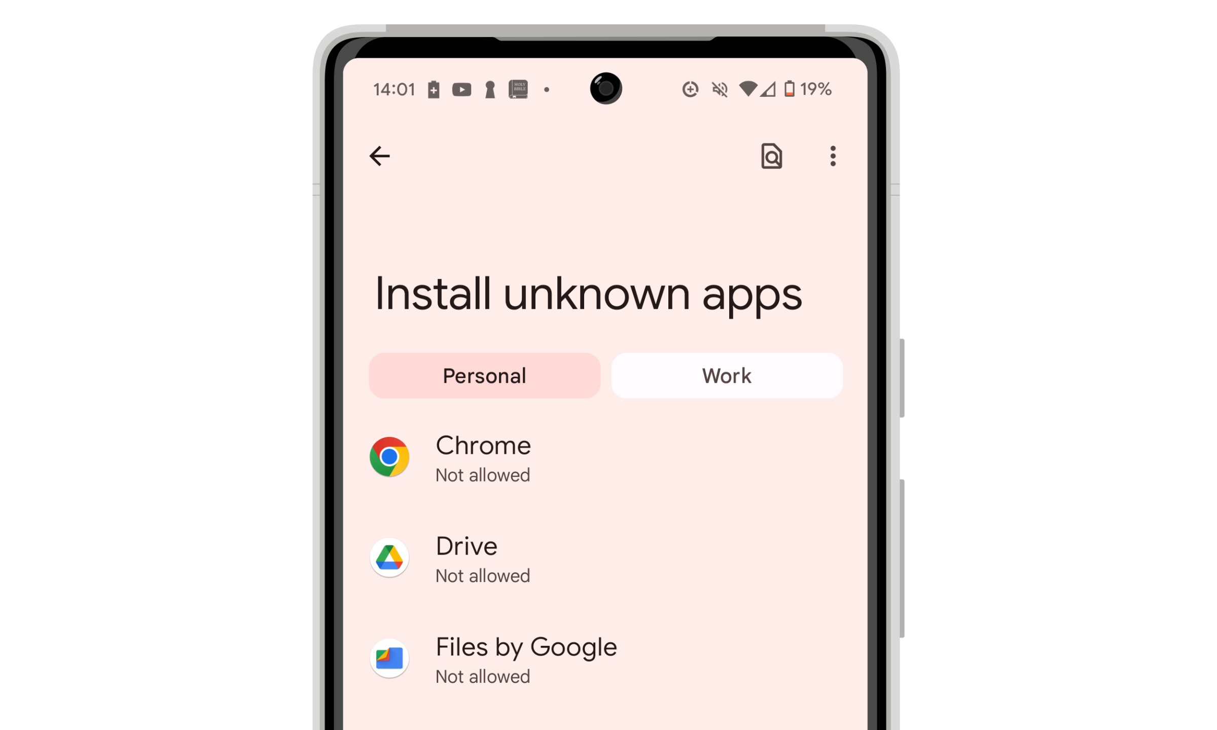 Android 14 安装未知应用程序屏幕显示列出的 Chrome、Drive 和 Files by Google。