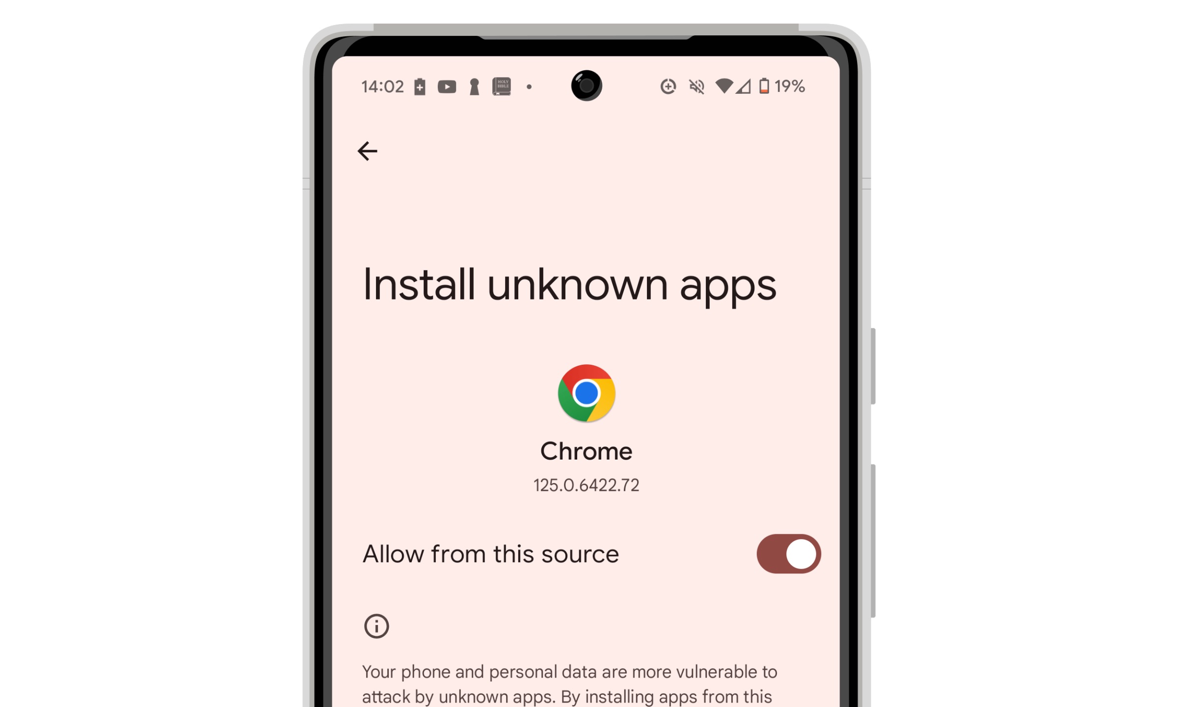 Android 14 Install Unknown Apps setting for Google Chrome.