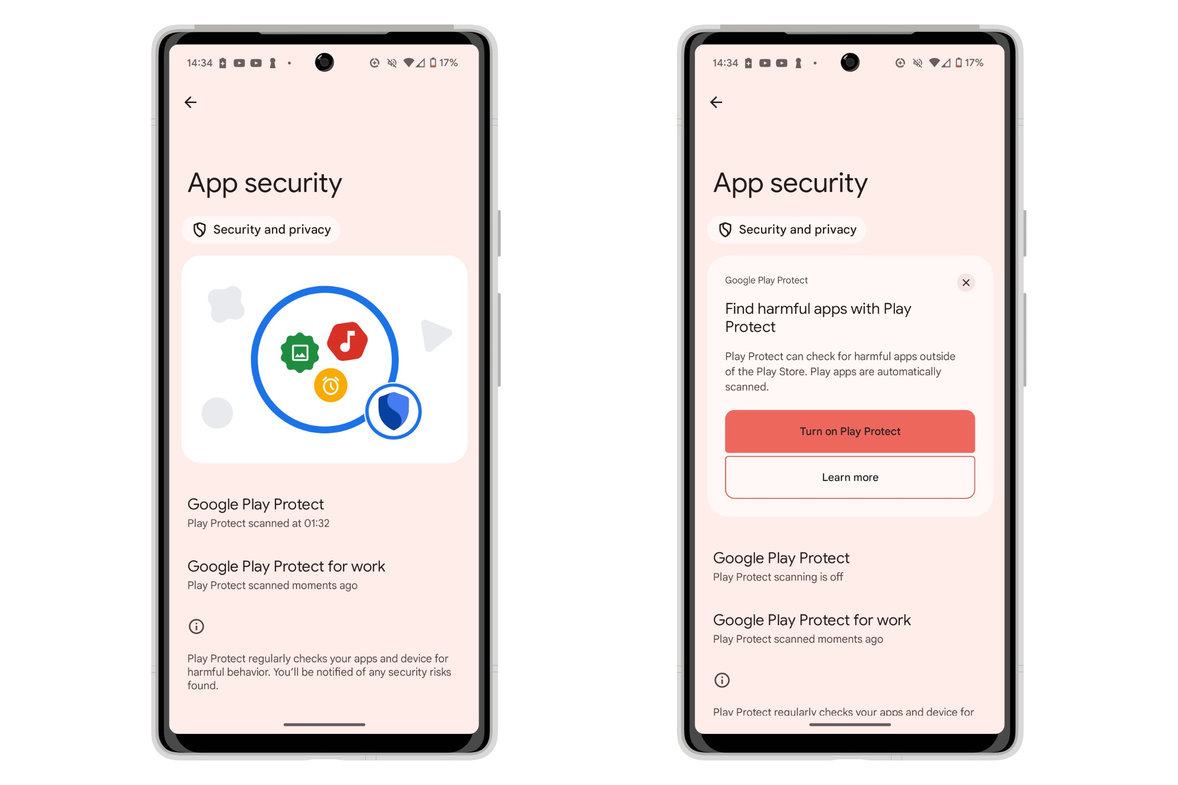 Dois smartphones Pixel mostrando as configurações de segurança do app Play Protect.