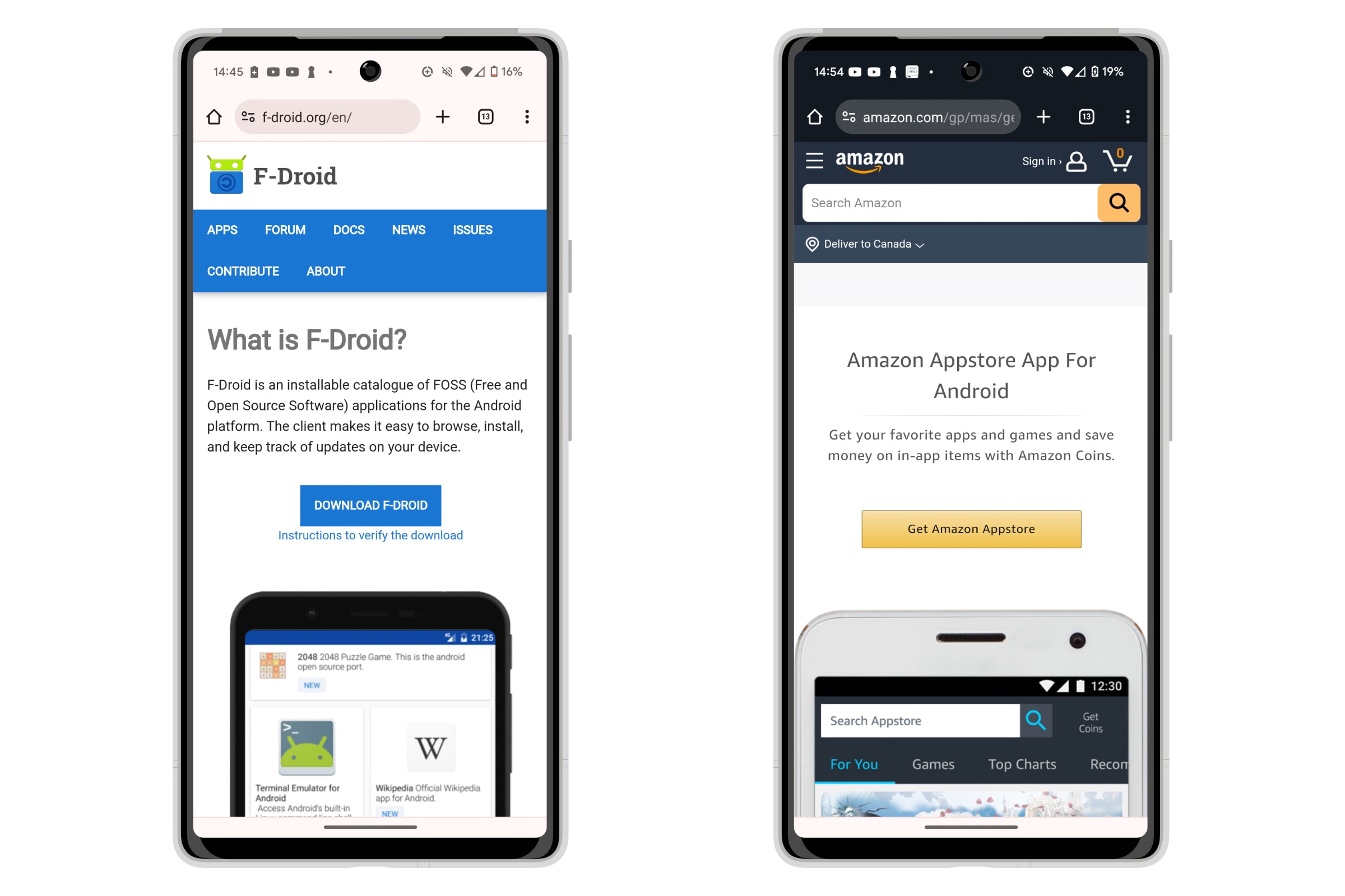 Two Pixel phones showing home pages for F-Droid and Amazon App Store. 