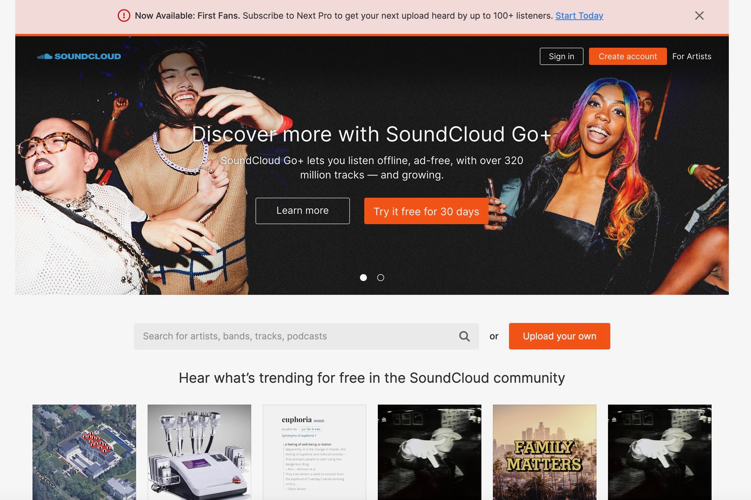 снимок экрана, показывающий веб-сайт SoundCloud.
