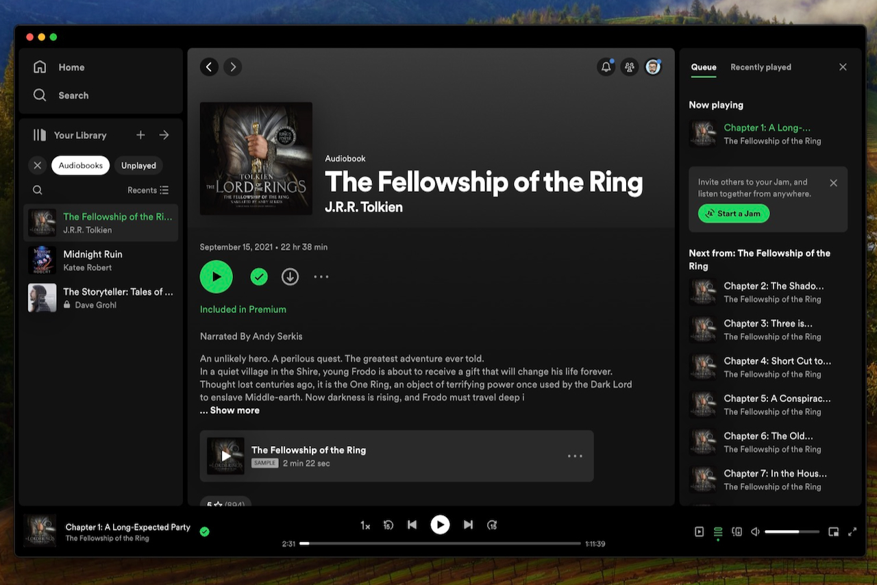 The Spotify Audiobooks on the desktop app showing Lord of the Rings.