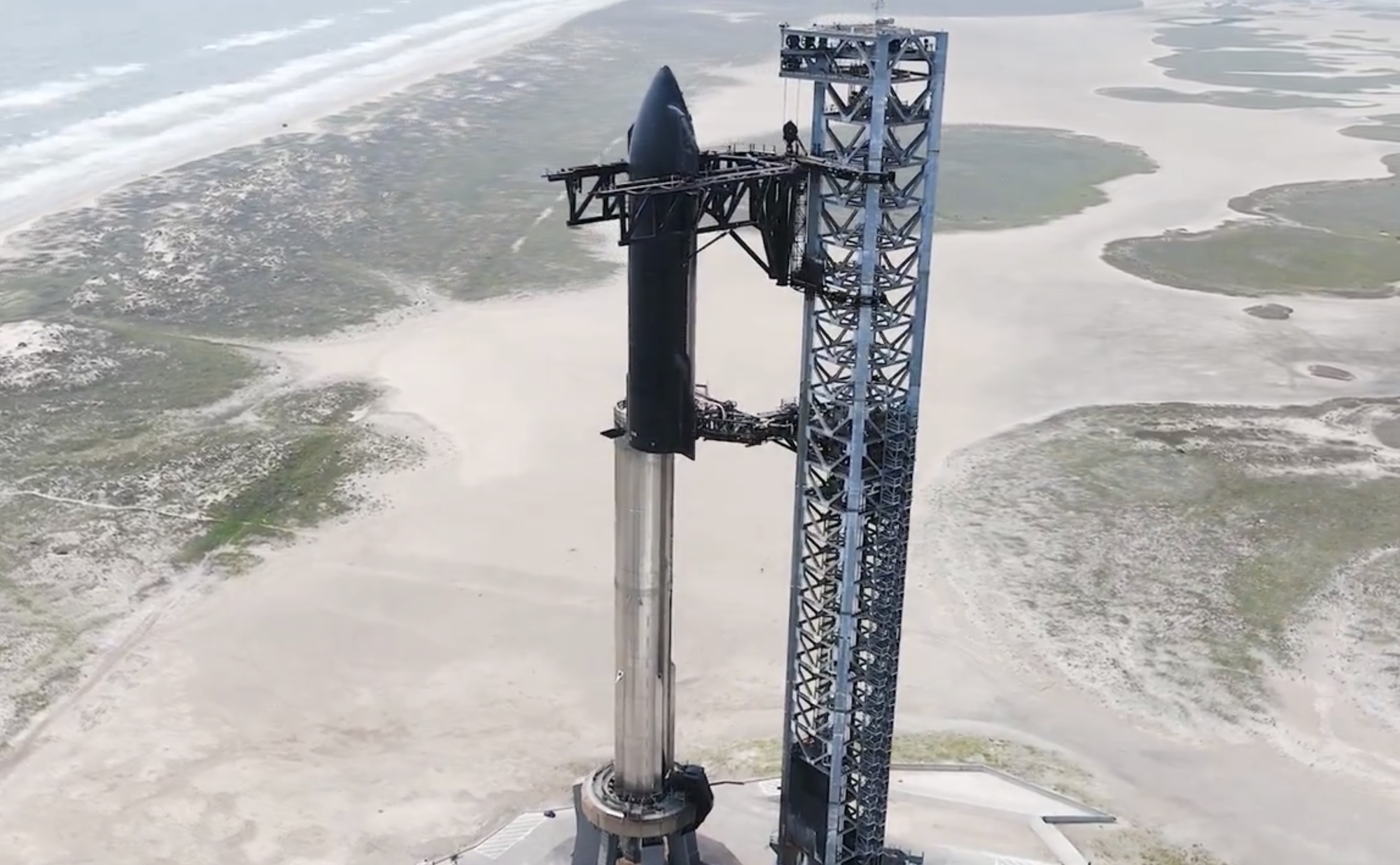 SpaceX's Starship rocket being stacked for its fourth test flight.