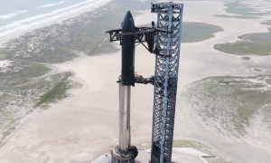 SpaceX's Starship rocket being stacked for its fourth test flight.