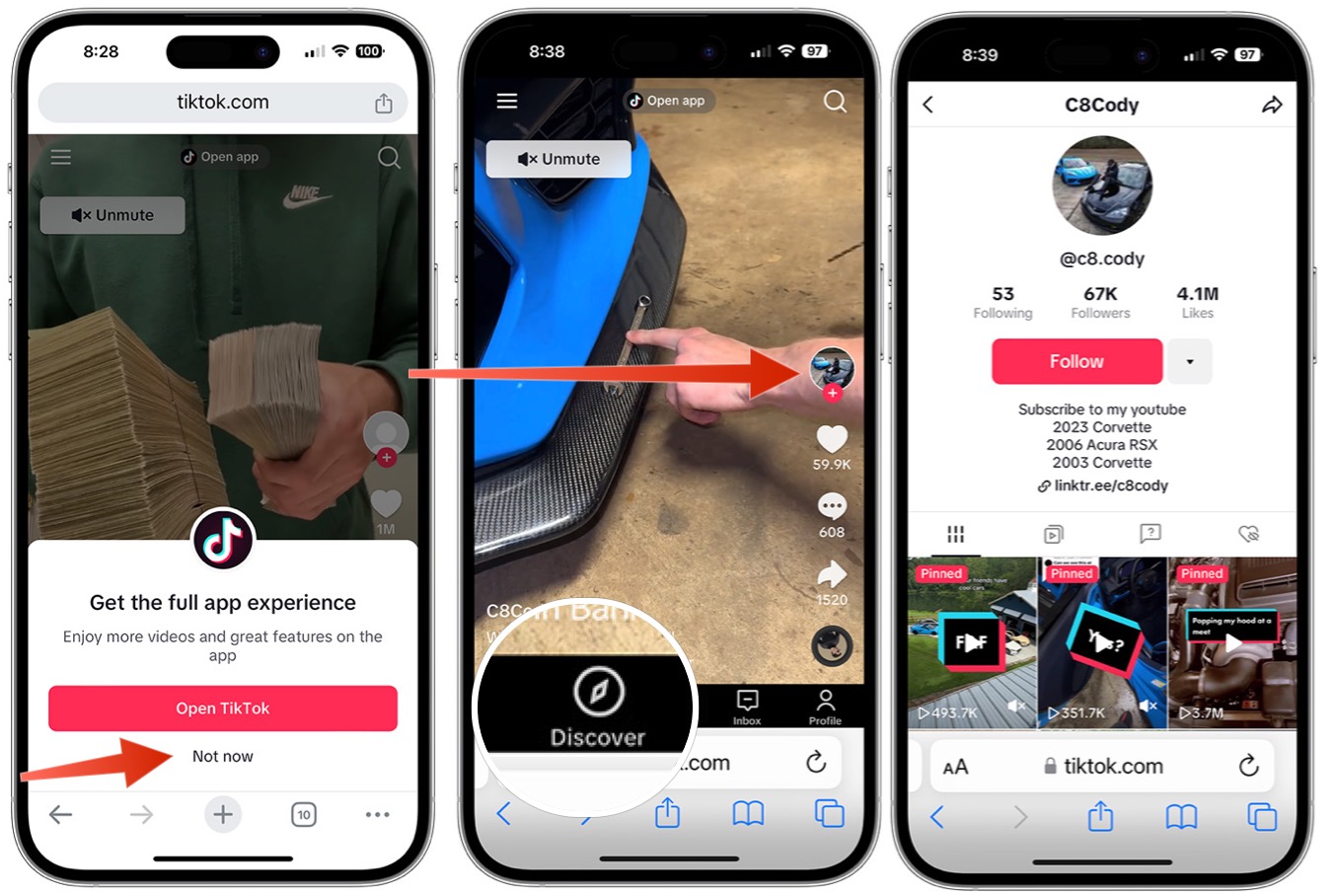 Capture d'écran montrant comment se déplacer dans TikTok via un navigateur Web mobile.