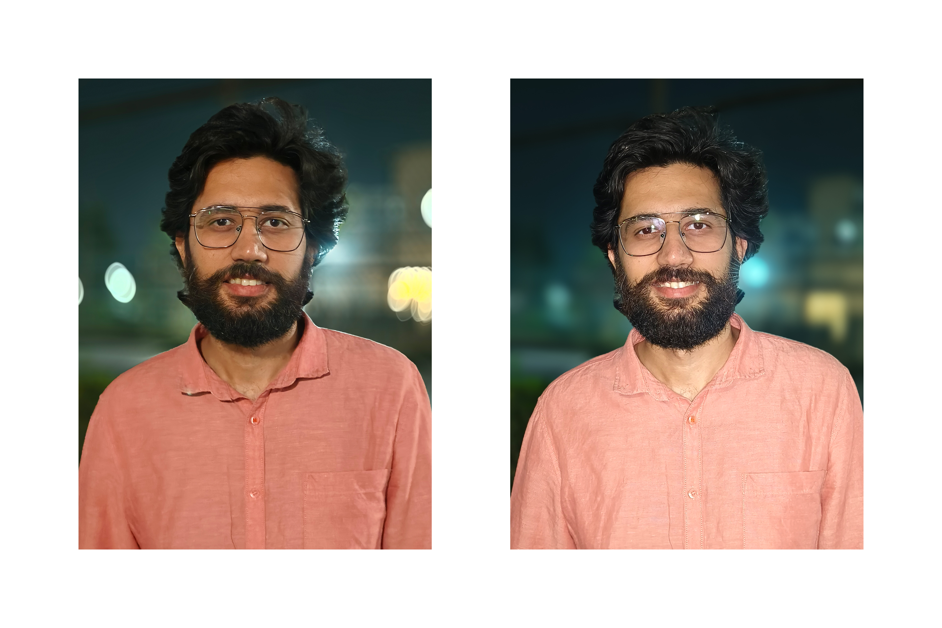 Comparison between pictures of a man taken outdoors at night without and with Vivo 30 Pro's Aura fill light flash.