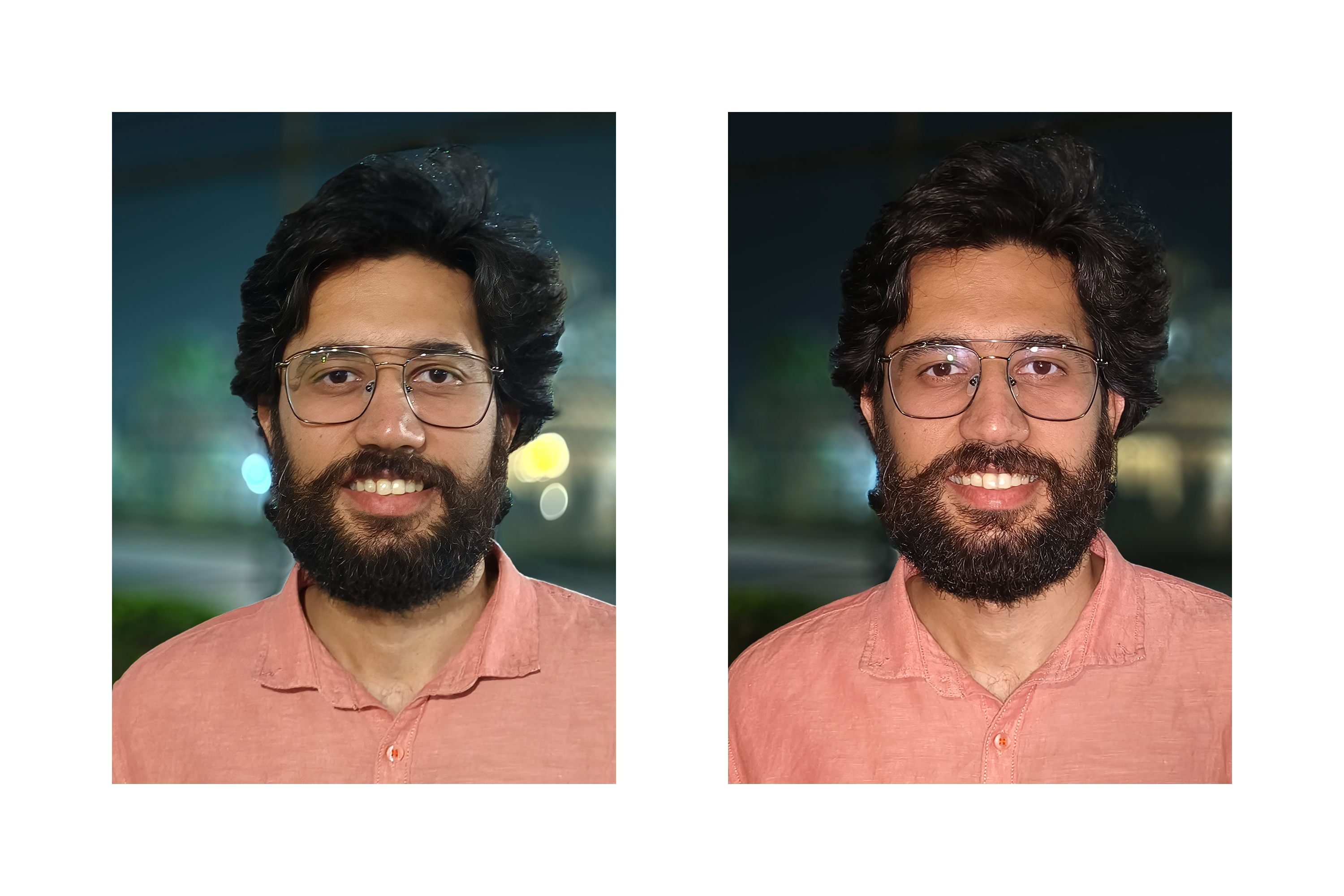 Comparison between pictures of a man taken outdoors at night without and with Vivo 30 Pro's Aura fill light flash.