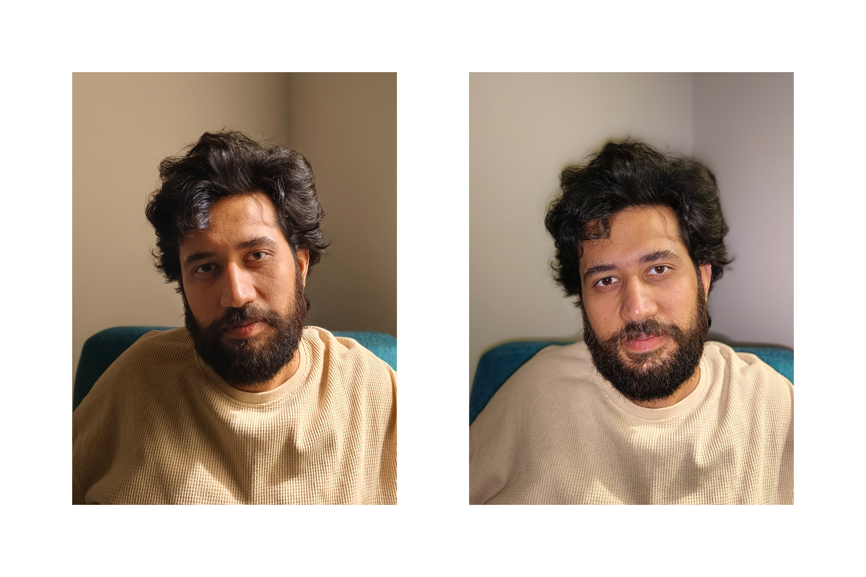 Comparación entre las imágenes de un hombre tomadas con poca luz interior sin y con el flash de luz de relleno Aura del Vivo 30 Pro.