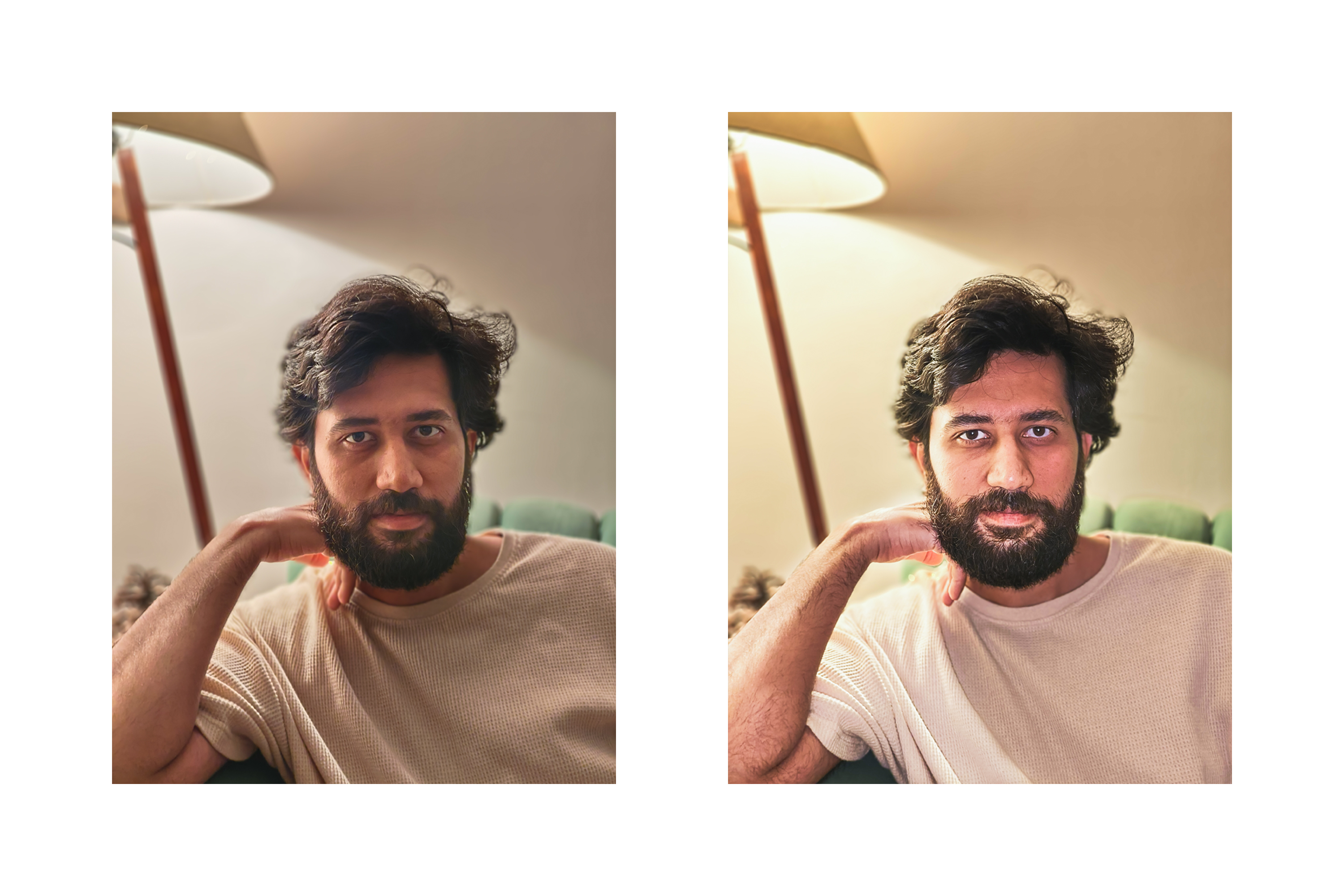 Comparison between pictures of a man taken in dim indoor lighting without and with Vivo 30 Pro's Aura fill light flash.