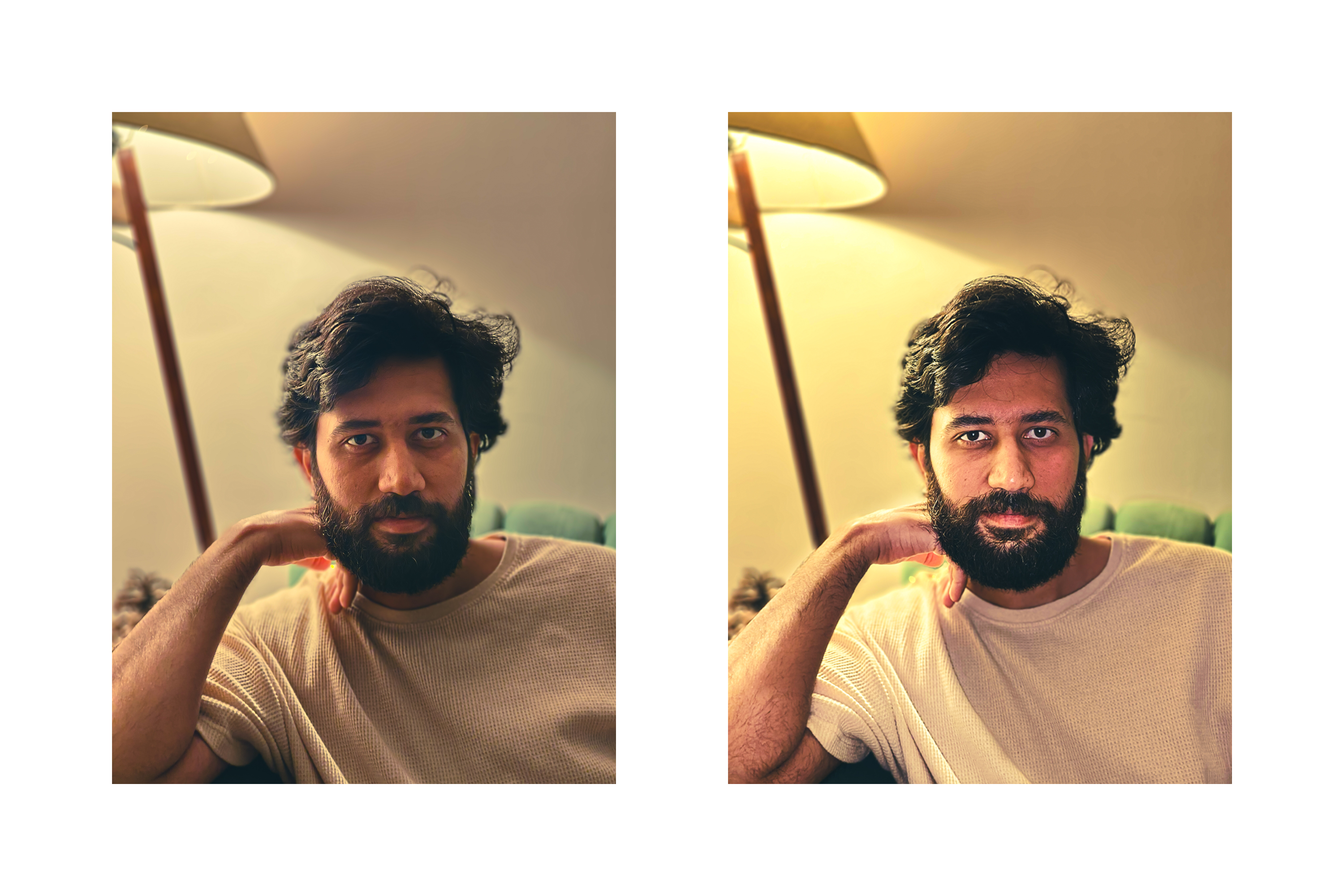 Comparison between pictures of a man taken in dim indoor lighting without and with Vivo 30 Pro's Aura fill light flash.