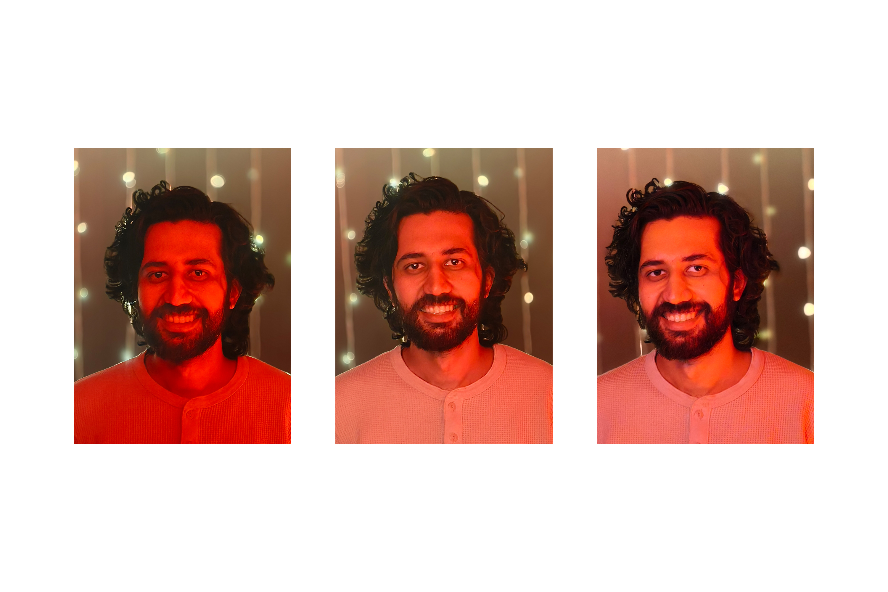 Comparison between pictures of a man taken in dim red light without and with Vivo 30 Pro's Aura fill light flash while a third one is captured with the Vivo X100.