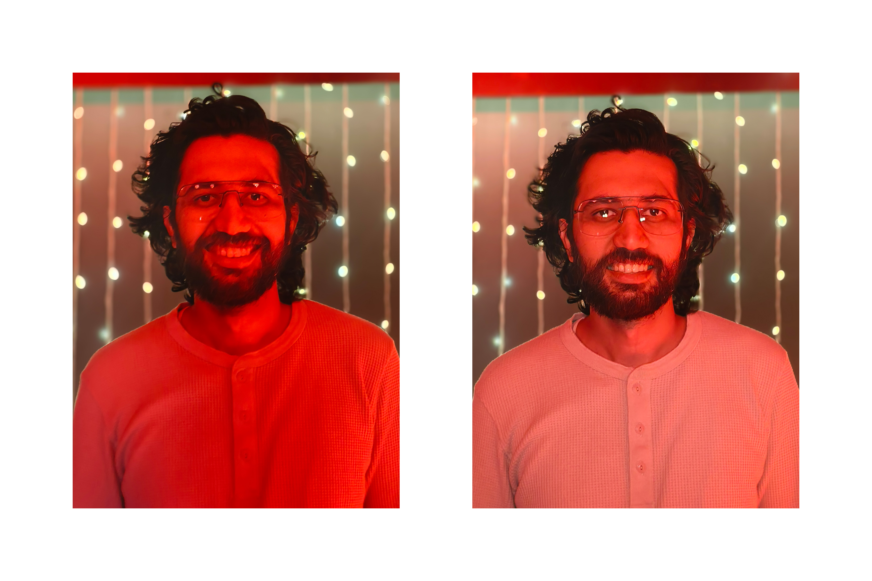 Comparación entre las imágenes de un hombre tomadas con luz roja tenue sin y con el flash de luz de relleno Aura del Vivo 30 Pro. 